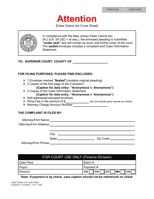 Form CN:11543 False Claims Act Cover Sheet - New Jersey