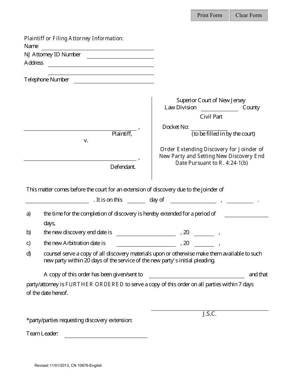 Form 10876 Order Extending Discovery for Joinder of New Party and Setting New Discovery End Date Pursuant to R. 4:24-1(B) - New Jersey, Page 1