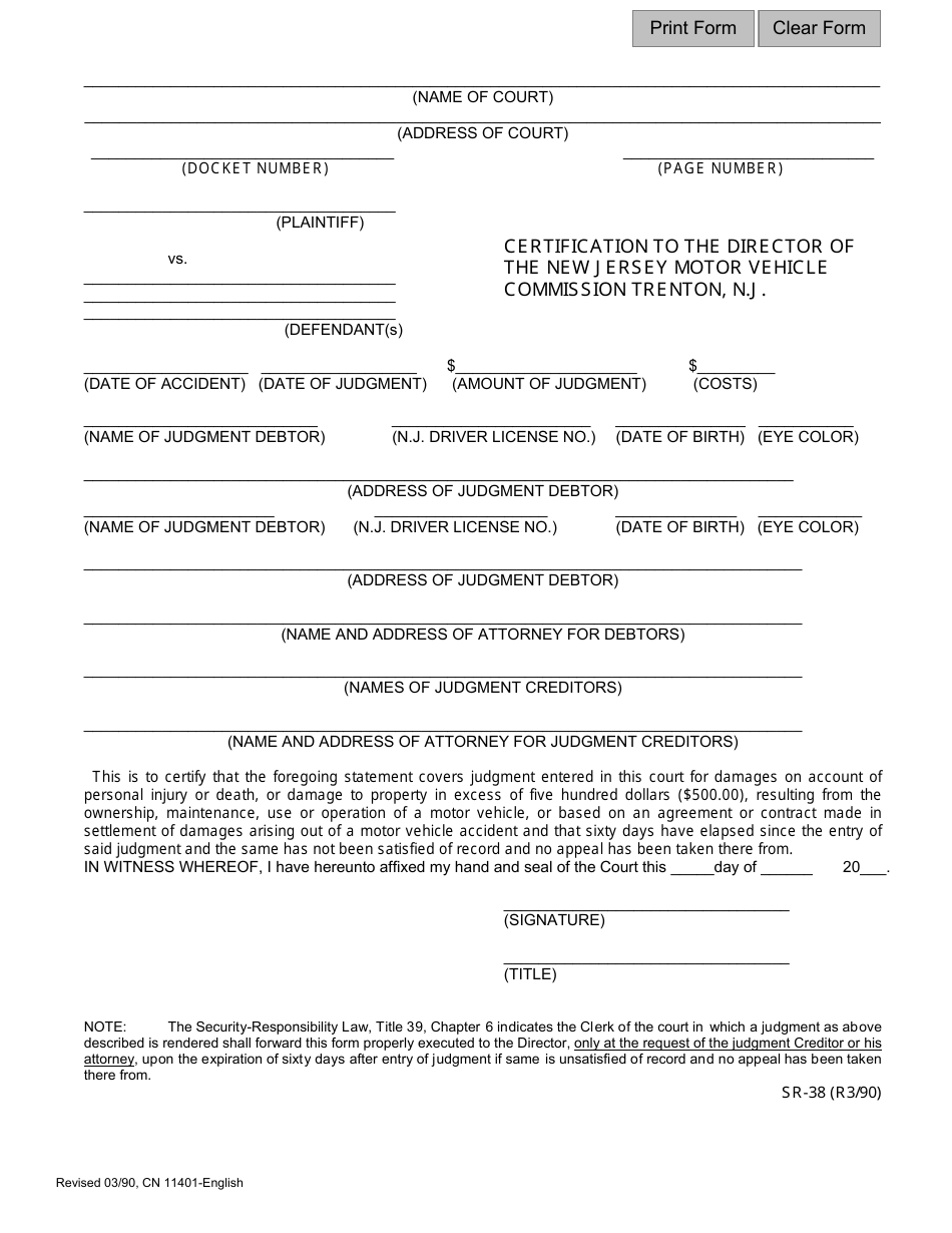Form SR-38 (11401) Certification to the Director of the New Jersey Motor Vehicle Commission Trenton, N.j - New Jersey, Page 1