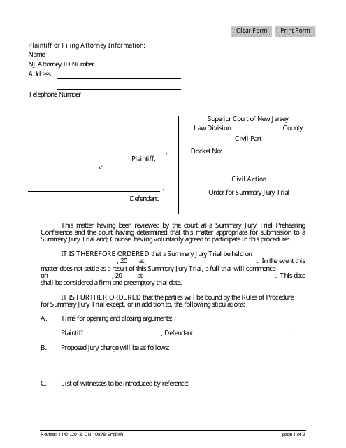 Form 10878 Order for Summary Jury Trial - New Jersey