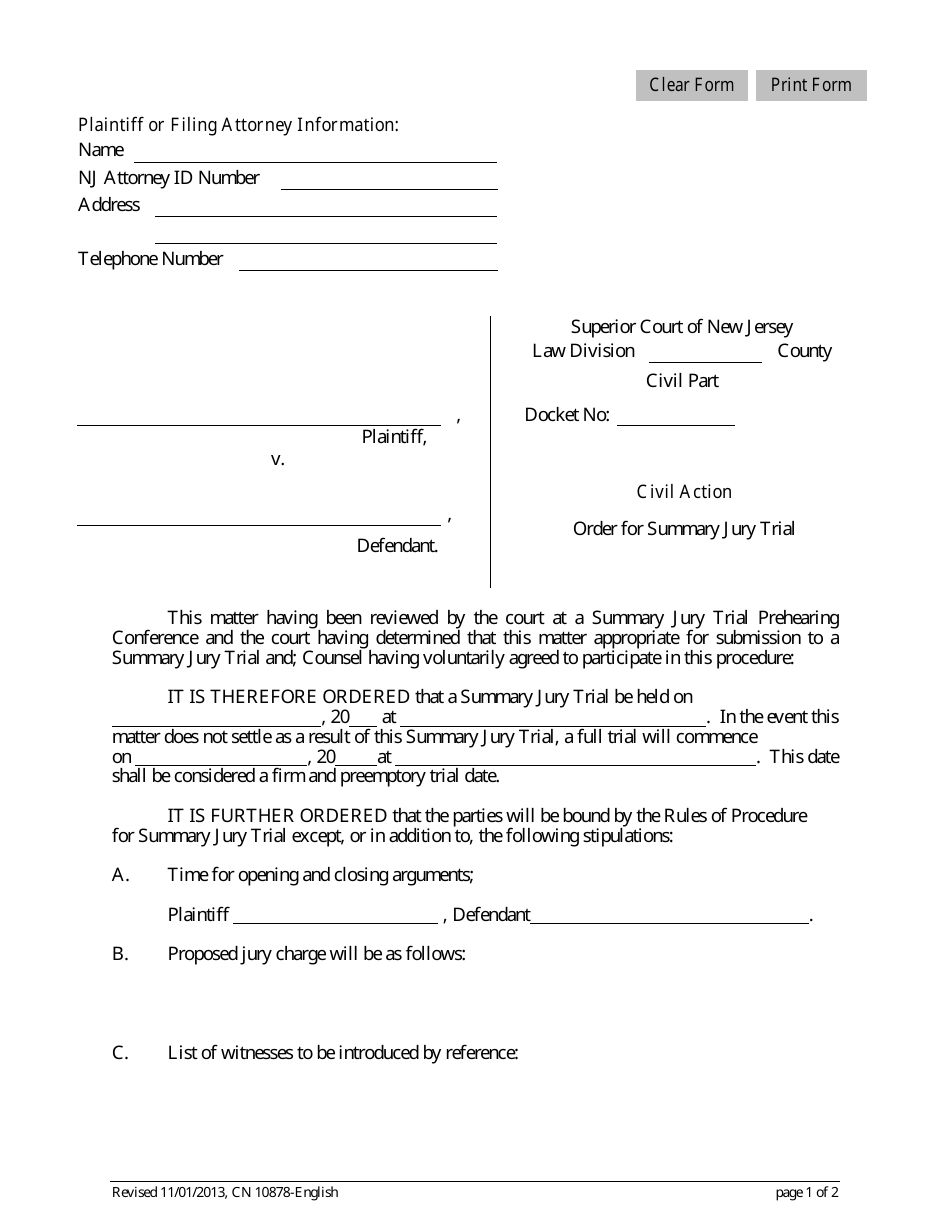 Form 10878 Order for Summary Jury Trial - New Jersey, Page 1
