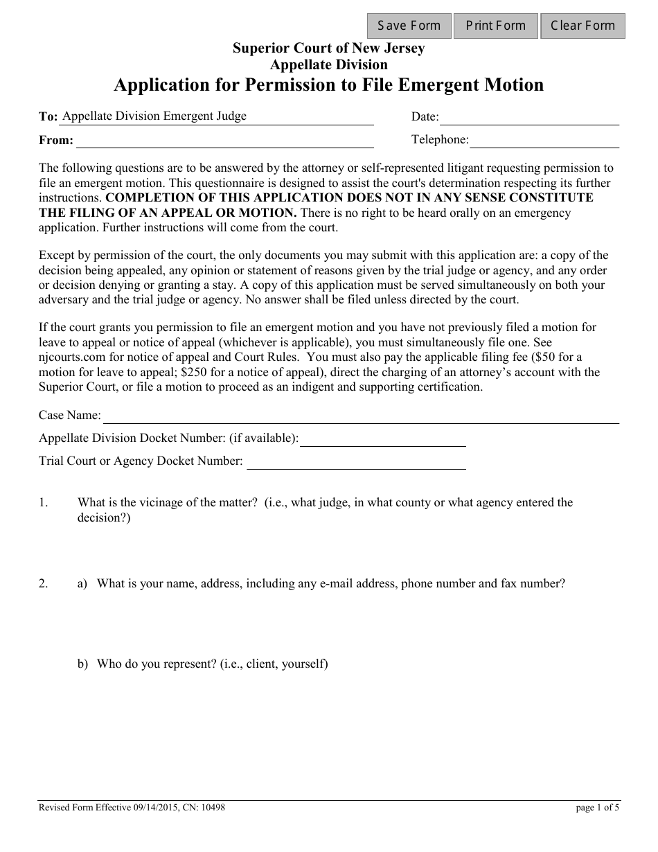 Form 10498 Application for Permission to File Emergent Motion - New Jersey, Page 1