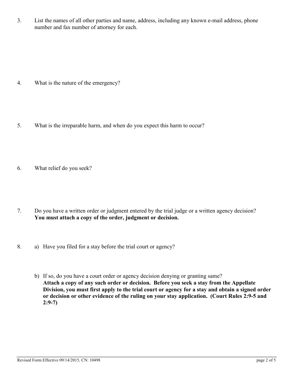 Form 10498 Application for Permission to File Emergent Motion - New Jersey, Page 2