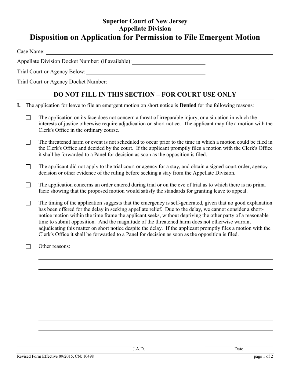 Form 10498 Application for Permission to File Emergent Motion - New Jersey, Page 6