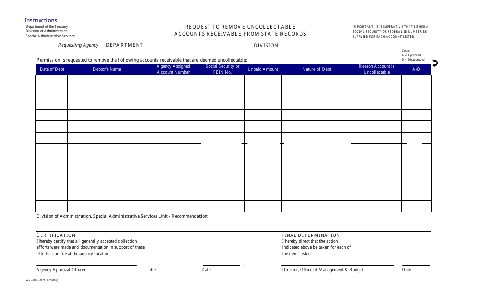 Form AR-900 Request to Remove Uncollectable Accounts Receivable From State Records - New Jersey, Page 1