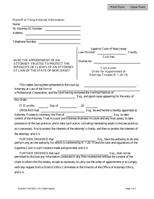 Form 11406 Order for Appointment of Attorney -trustee - New Jersey