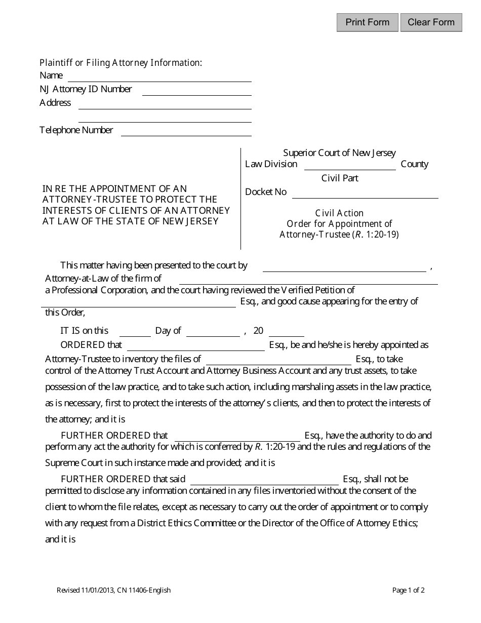 Form 11406 Order for Appointment of Attorney -trustee - New Jersey, Page 1