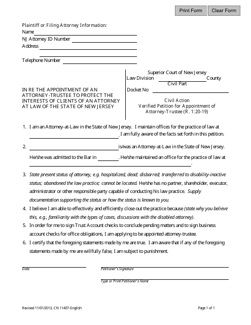 Form 11407 Verified Petition for Appointment of Attorney -trustee - New Jersey