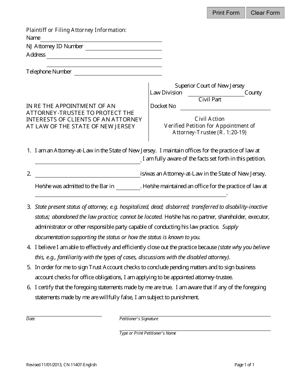 Form 11407 Verified Petition for Appointment of Attorney -trustee - New Jersey, Page 1