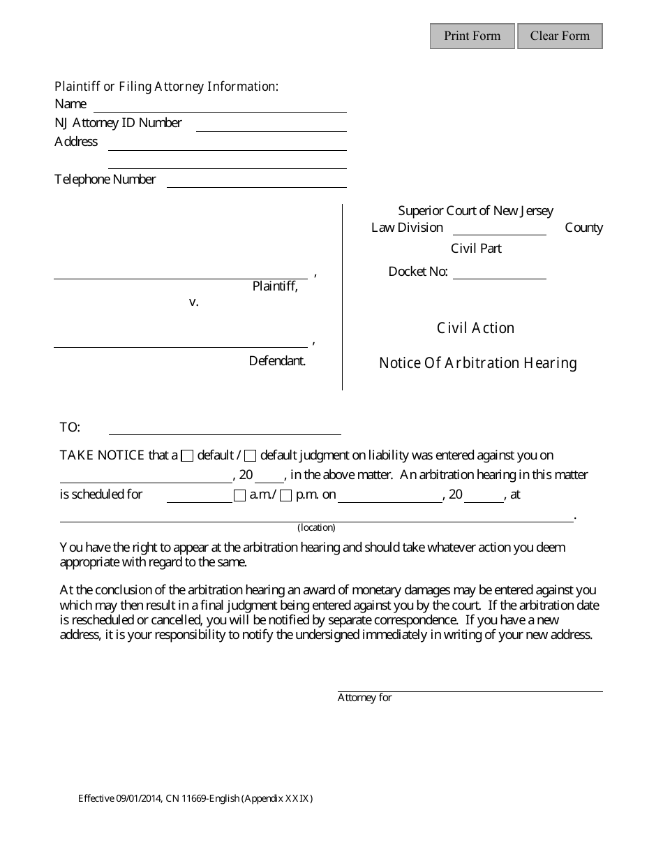 Form 11669 Notice of Arbitration Hearing - New Jersey, Page 1