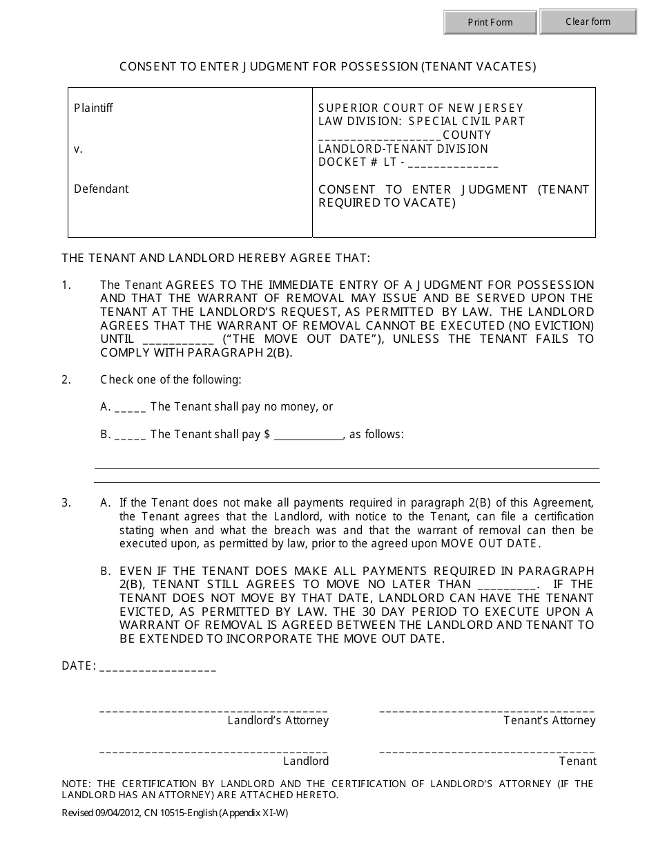 Form 10515 Appendix XI-W Consent to Enter Judgment (Tenant Required to Vacate) - New Jersey, Page 1