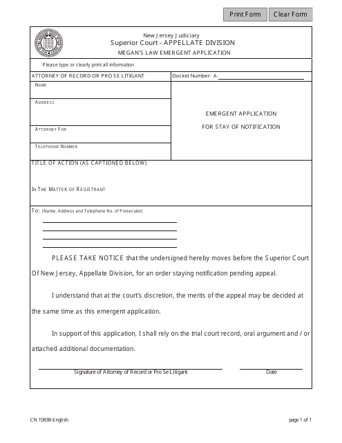Form 10838 Megan's Law Emergent Application - New Jersey
