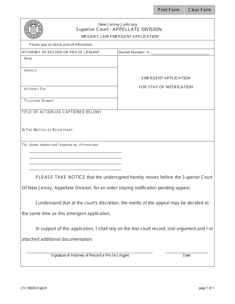 Form 10838 Megans Law Emergent Application - New Jersey, Page 1
