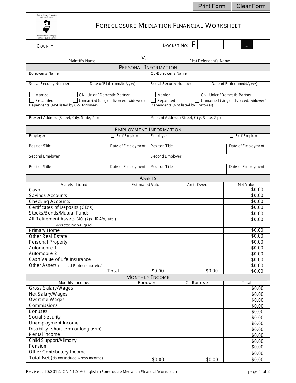 Form 11269 Foreclosure Mediation Financial Worksheet - New Jersey, Page 1