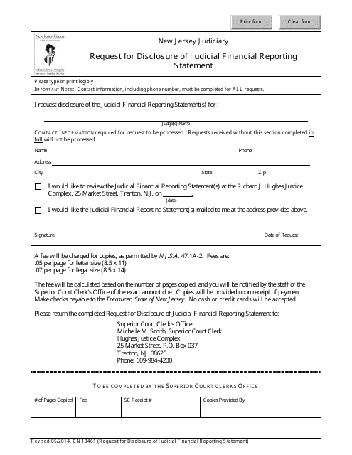 Form 10461 Request for Disclosure of Judicial Financial Reporting Statement - New Jersey