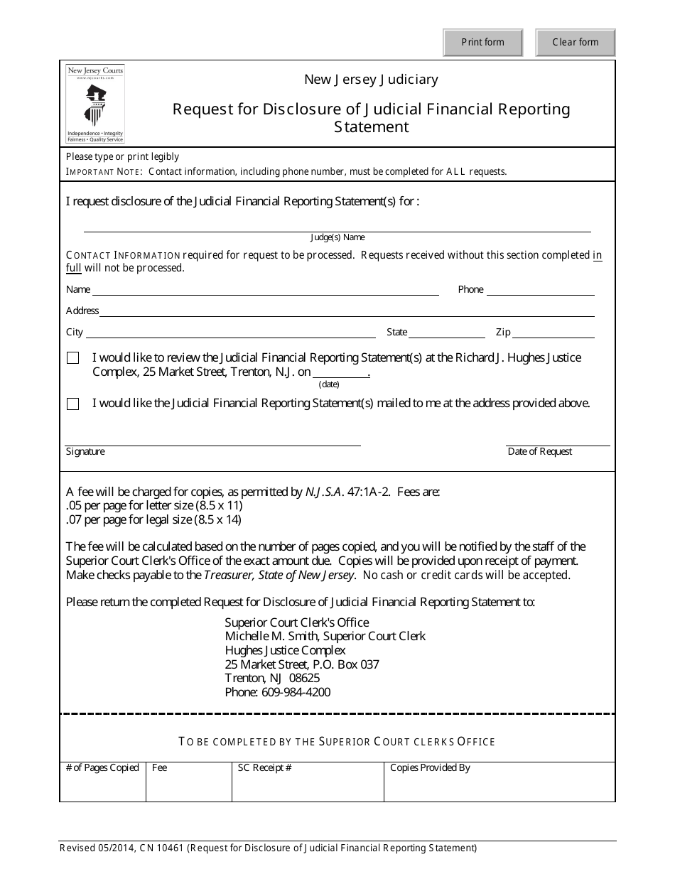 Form 10461 Request for Disclosure of Judicial Financial Reporting Statement - New Jersey, Page 1