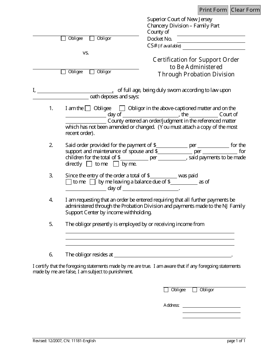 Form 11181 Certification for Support Order to Be Administered Through Probation Division - New Jersey, Page 1