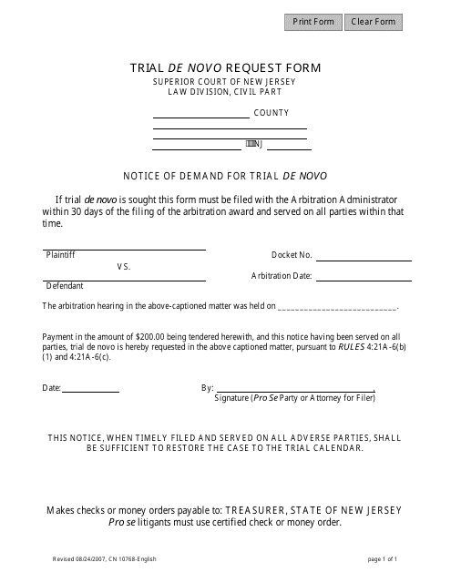 Form 10768 Trial De Novo Request Form - New Jersey