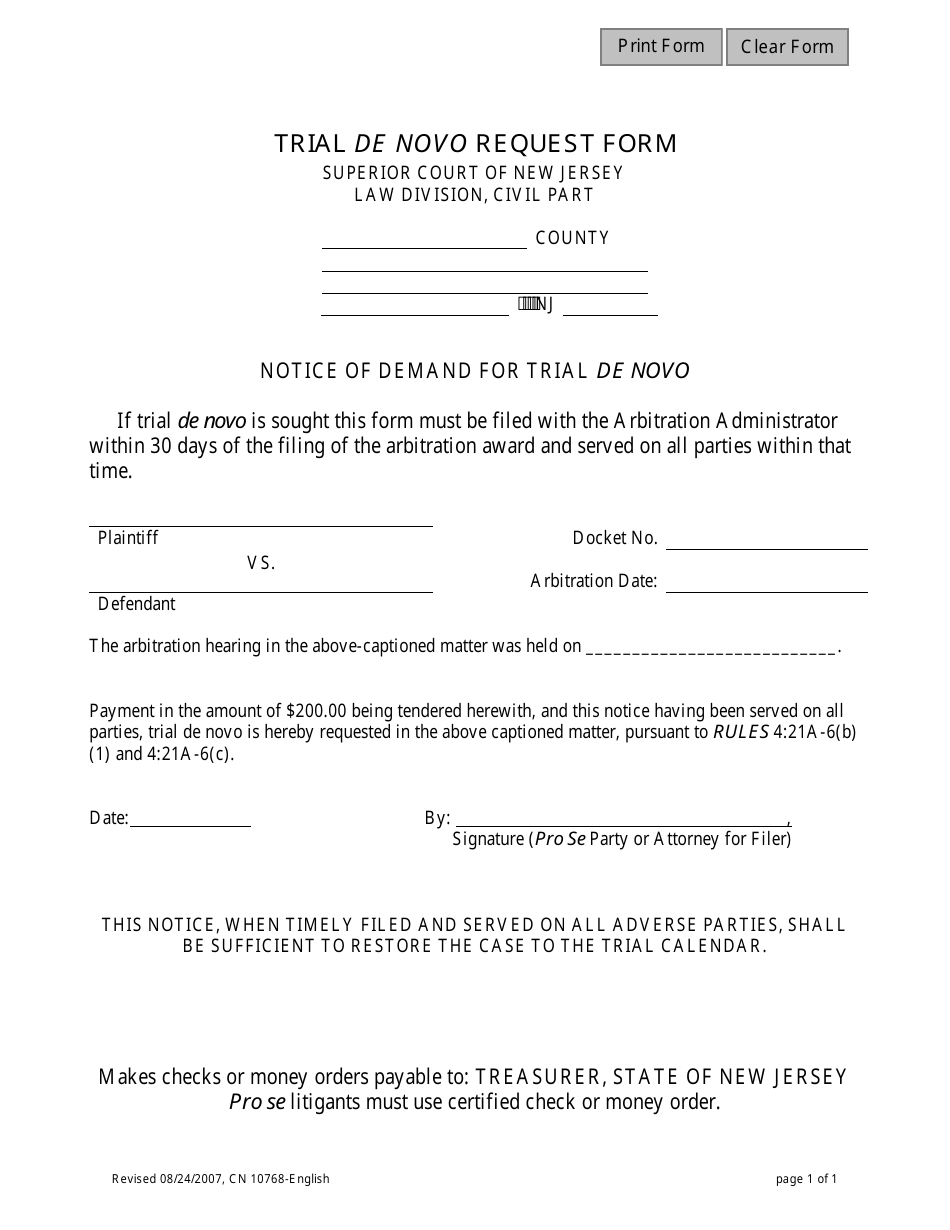 Form 10768 Trial De Novo Request Form - New Jersey, Page 1