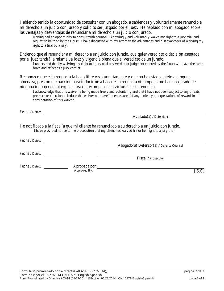 Form 10971 Waiver of Criminal Jury Trial Pursuant to Rule 1:8-1(A) - New Jersey (English / Spanish), Page 2