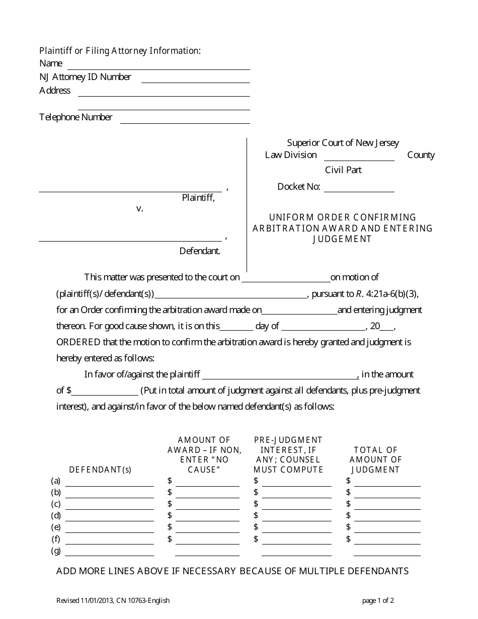 Form 10763 Uniform Order Confirming Arbitration Award and Entering Judgement - New Jersey, Page 1