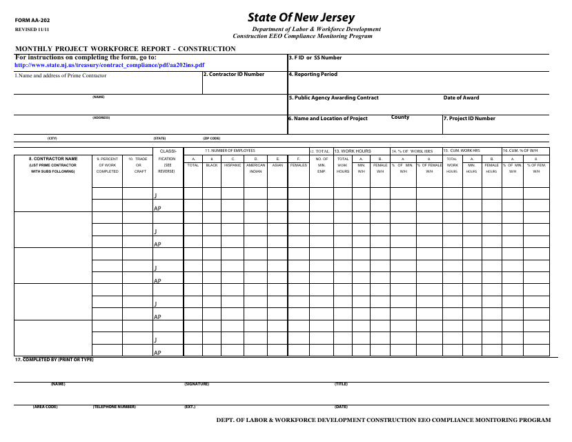 Form AA-202 Monthly Project Workforce Report - Construction - New Jersey