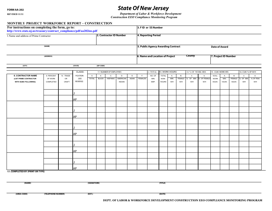 Form AA-202 Monthly Project Workforce Report - Construction - New Jersey, Page 1