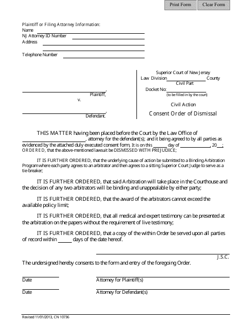 Form 10736 Consent Order of Dismissal - New Jersey