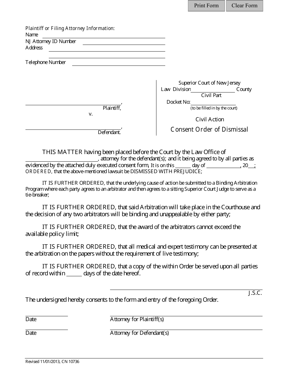 Form 10736 Consent Order of Dismissal - New Jersey, Page 1