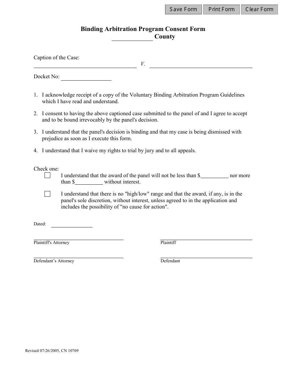 Form 10769 Binding Arbitration Program Consent Form - New Jersey, Page 1