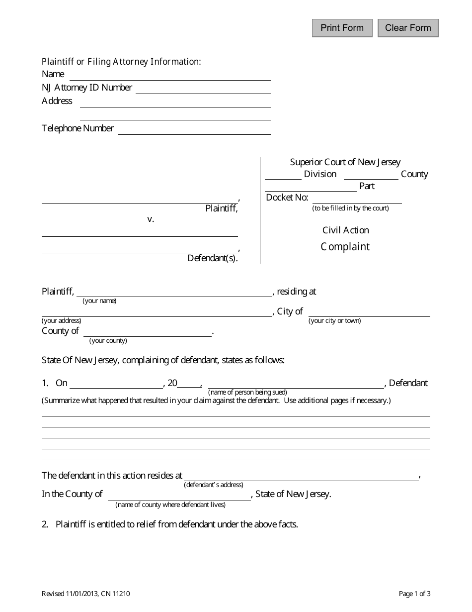 Form 11210 Complaint - New Jersey, Page 1