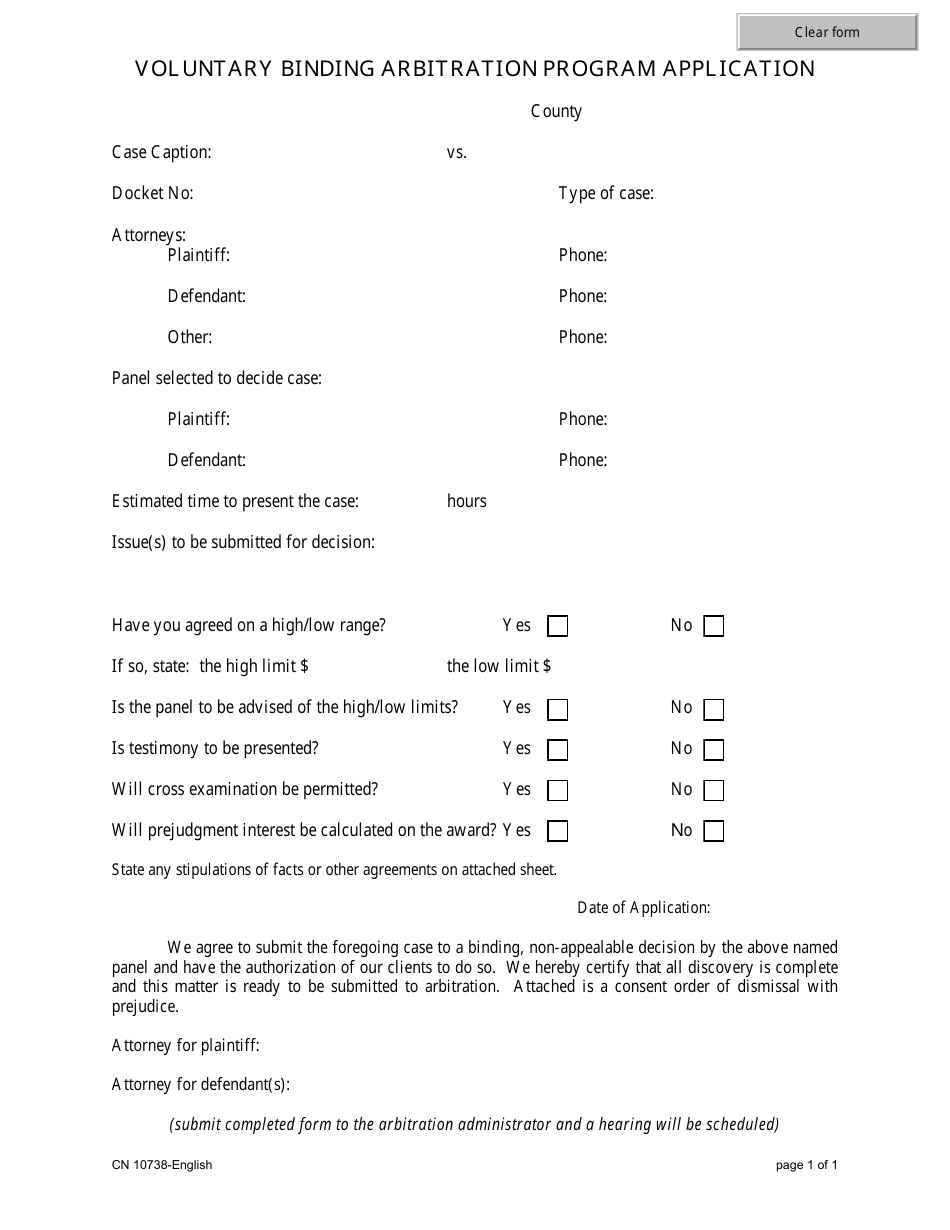 Form 10738 Voluntary Binding Arbitration Program Application - New Jersey, Page 1