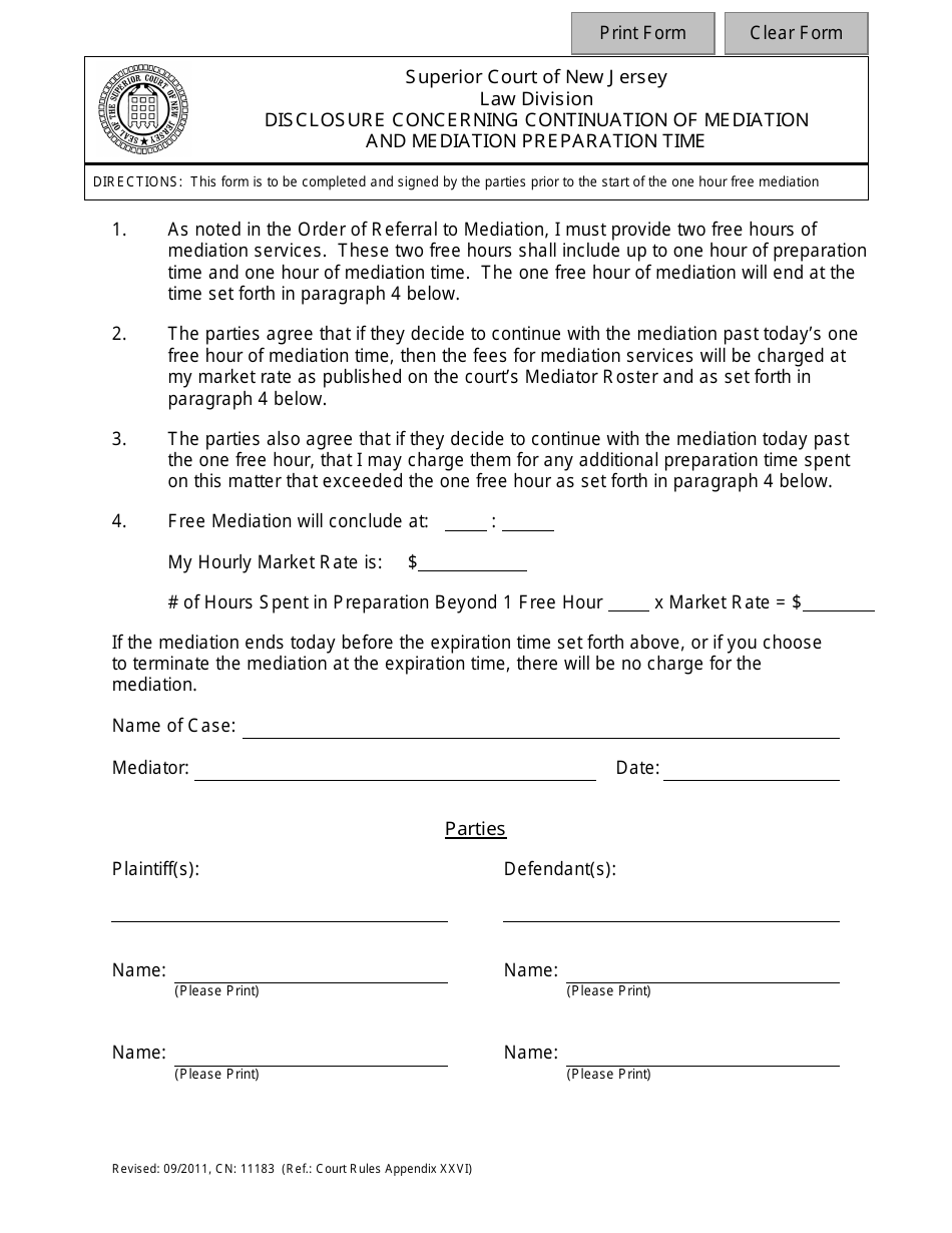 Form Cn 11183 Download Fillable Pdf Or Fill Online Disclosure Concerning Continuation Of Mediation And Mediation Preparation Time New Jersey Templateroller