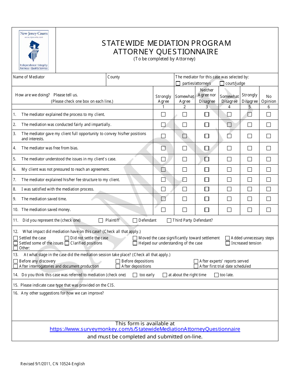 Form 10524 Statewide Mediation Program Attorney Questionnaire - New Jersey, Page 1