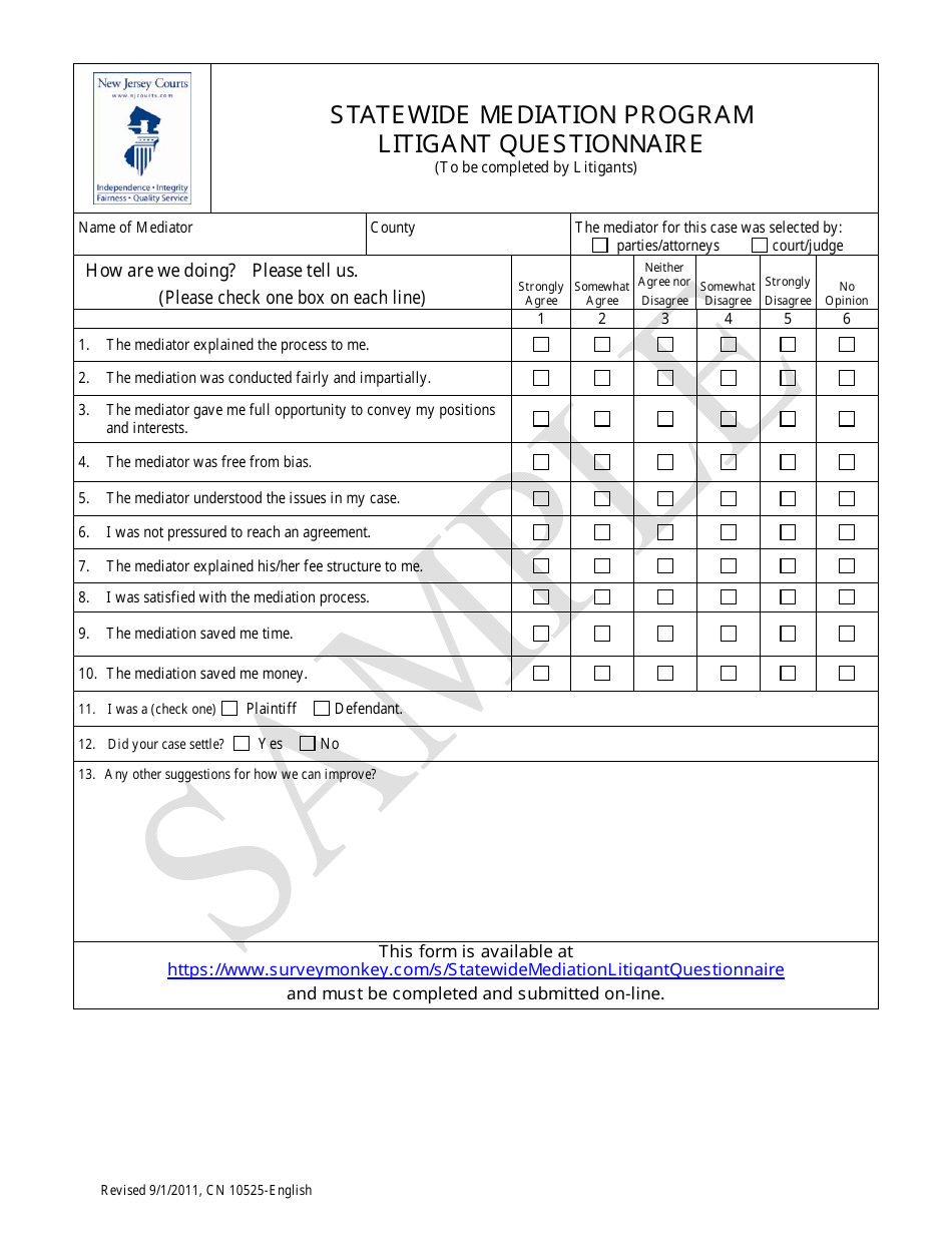Form 10525 Statewide Mediation Program Litigant Questionnaire - New Jersey, Page 1