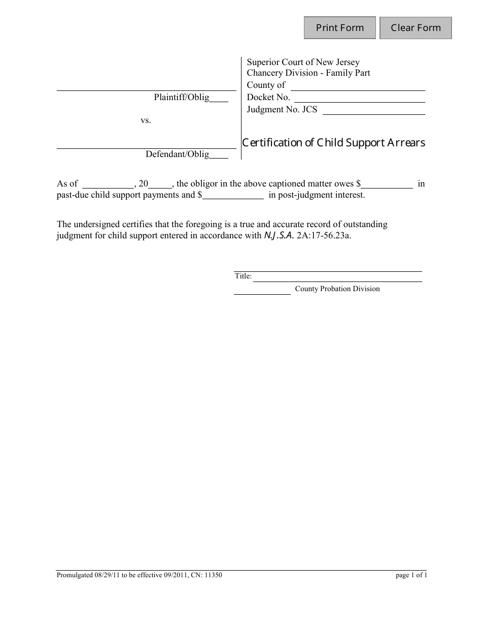 Form 11350 Certification of Child Support Arrears - New Jersey, Page 1