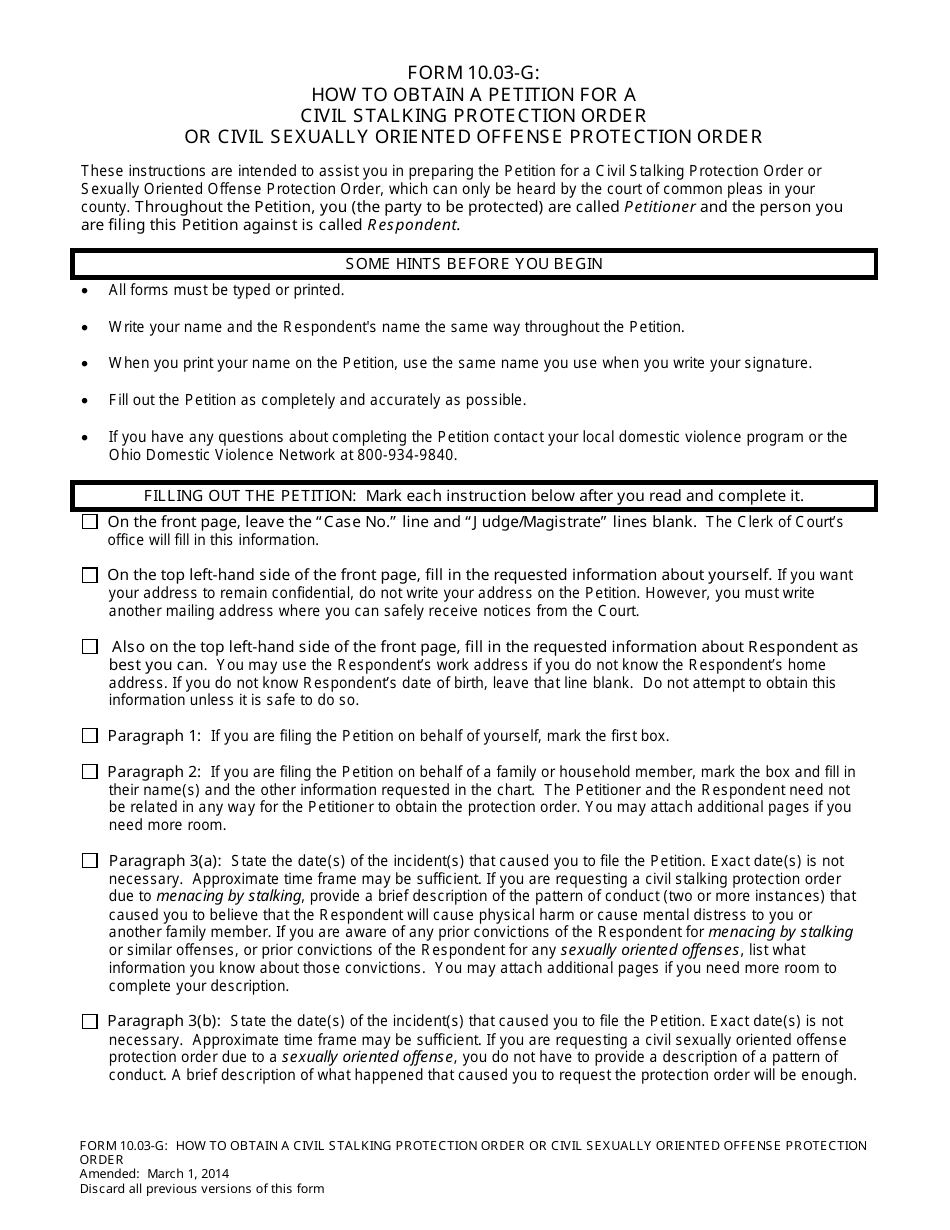 Instructions for Form 10.03-E Civil Stalking Protection Order or Civil Sexually Oriented Offense Protection Order - Ohio, Page 1