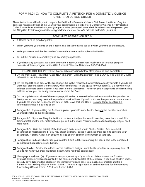 Instructions for Form 10.01-D Petition for Domestic Violence Civil Protection Order - Ohio