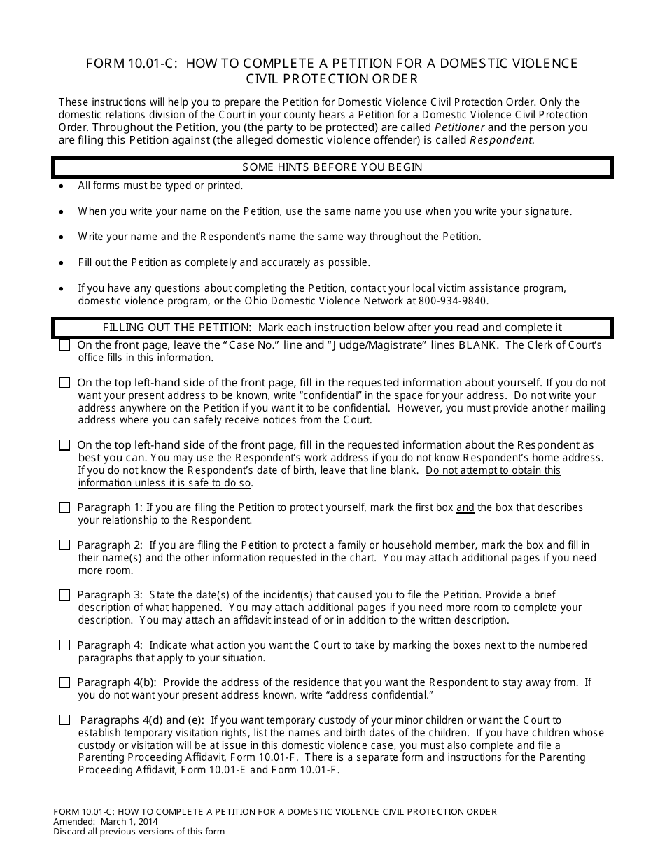 Instructions for Form 10.01-D Petition for Domestic Violence Civil Protection Order - Ohio, Page 1