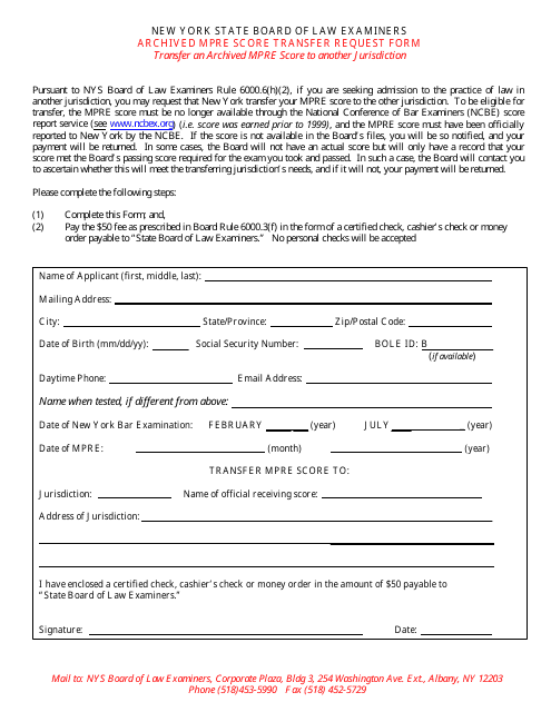 Archived Mpre Score Transfer Request Form - New York Download Pdf