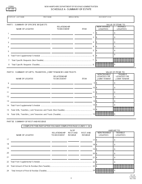 Form DP-145 Schedule A Summary of Estate - New Hampshire