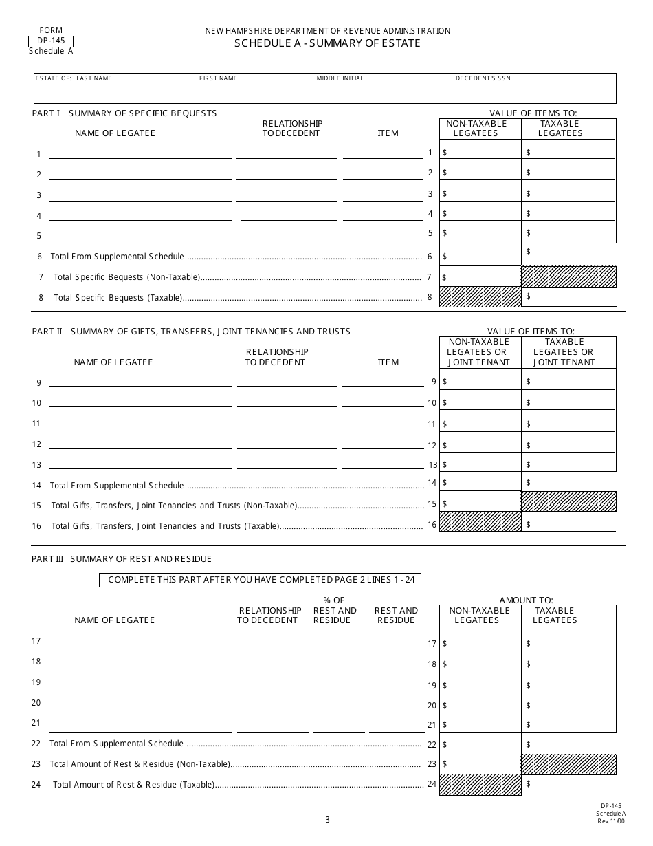 Form DP-145 Schedule A Summary of Estate - New Hampshire, Page 1