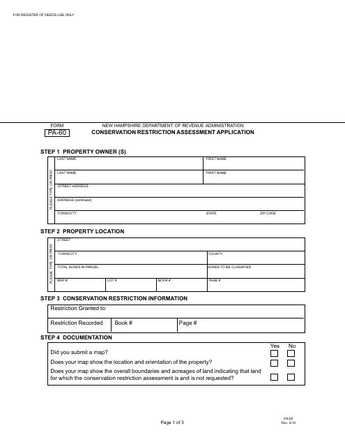 Form PA-60 Conservation Restriction Assessment Application - New Hampshire