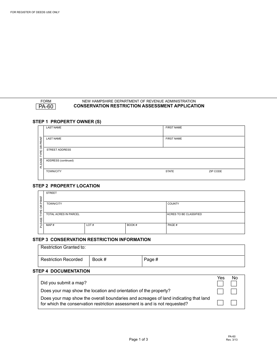 Form PA-60 Conservation Restriction Assessment Application - New Hampshire, Page 1