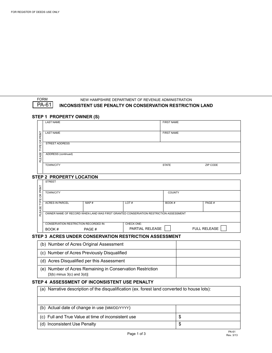 Form PA-61 Inconsistent Use Penalty on Conservation Restriction Land - New Hampshire, Page 1