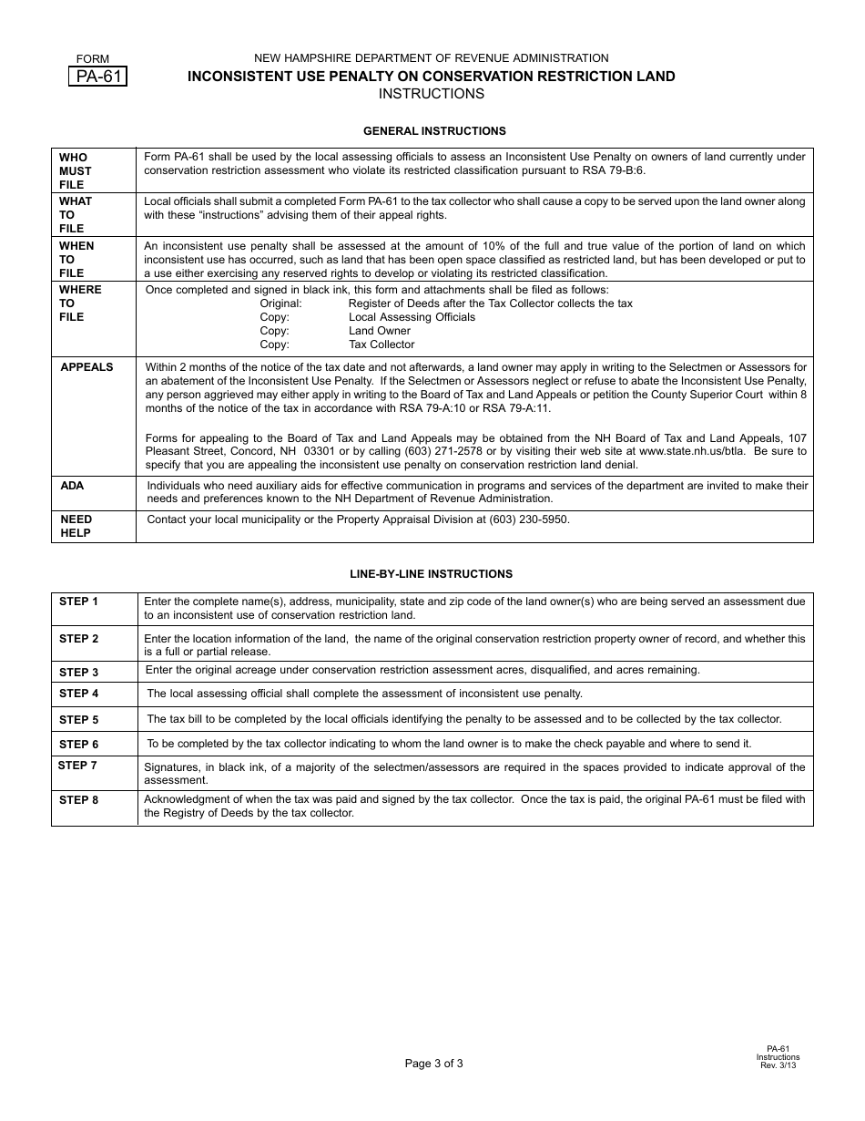 Form PA-61 Inconsistent Use Penalty on Conservation Restriction Land - New Hampshire, Page 3