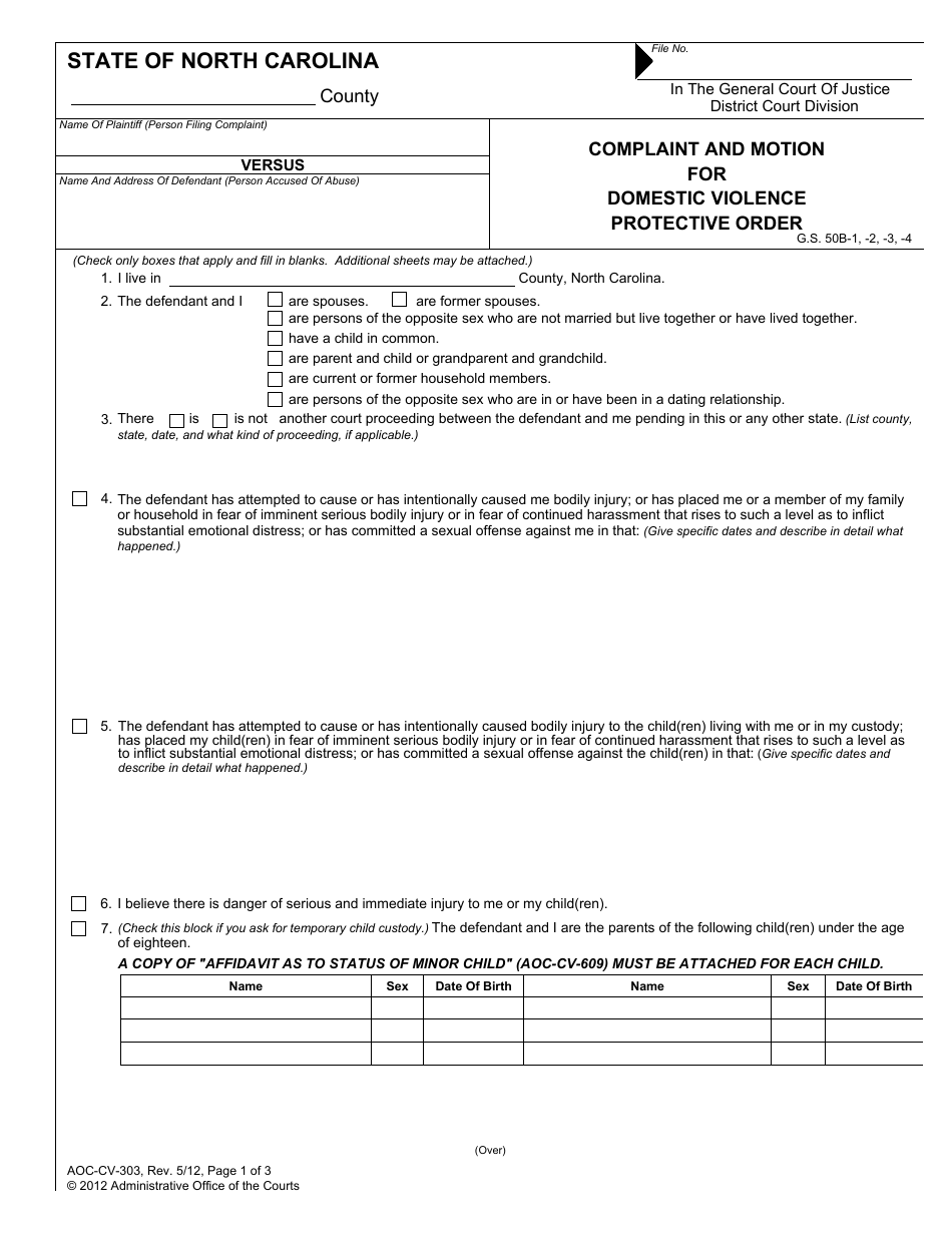 Form AOC-CV-303 Complaint and Motion for Domestic Violence Protective Order - North Carolina, Page 1