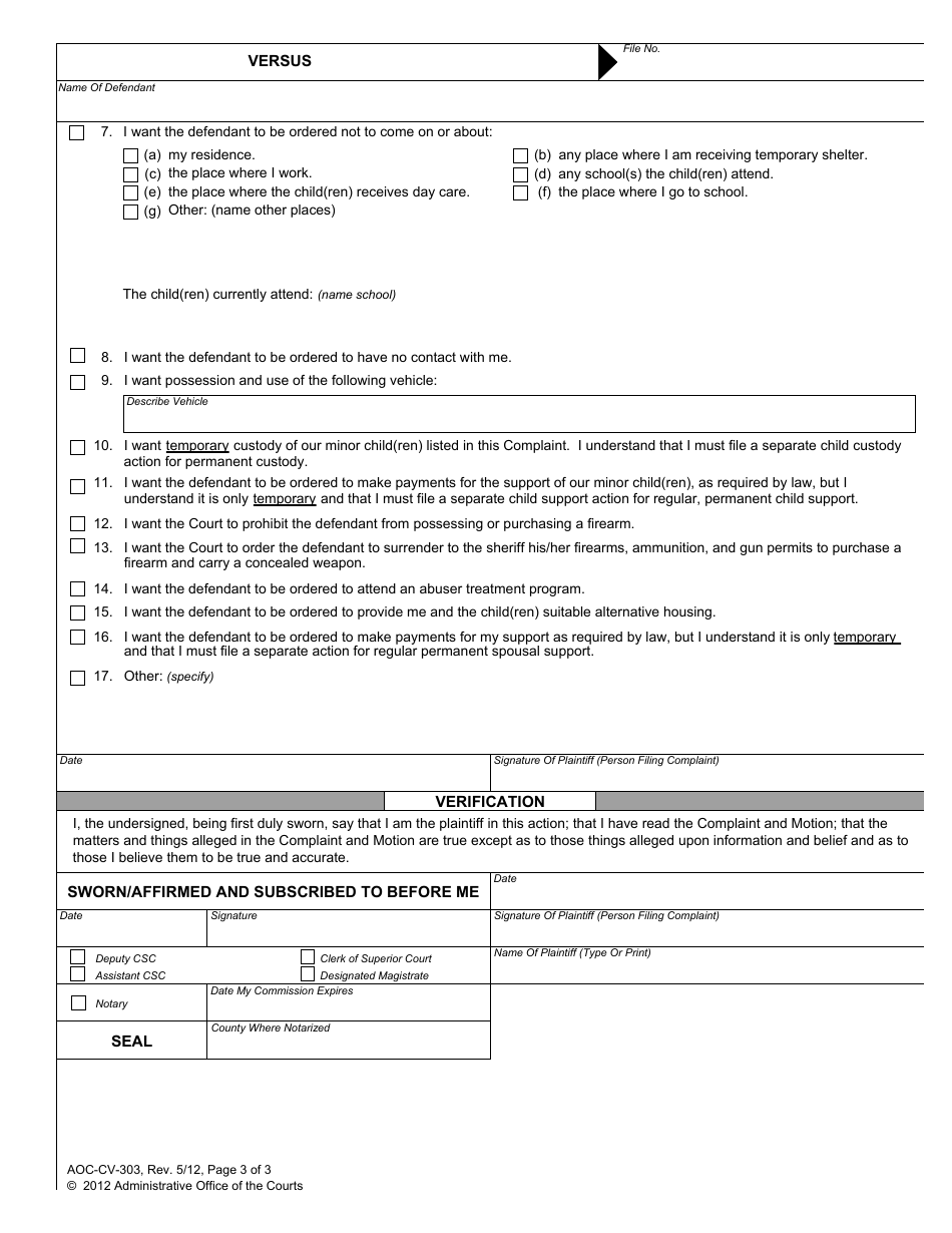 Form AOC-CV-303 Complaint and Motion for Domestic Violence Protective Order - North Carolina, Page 3