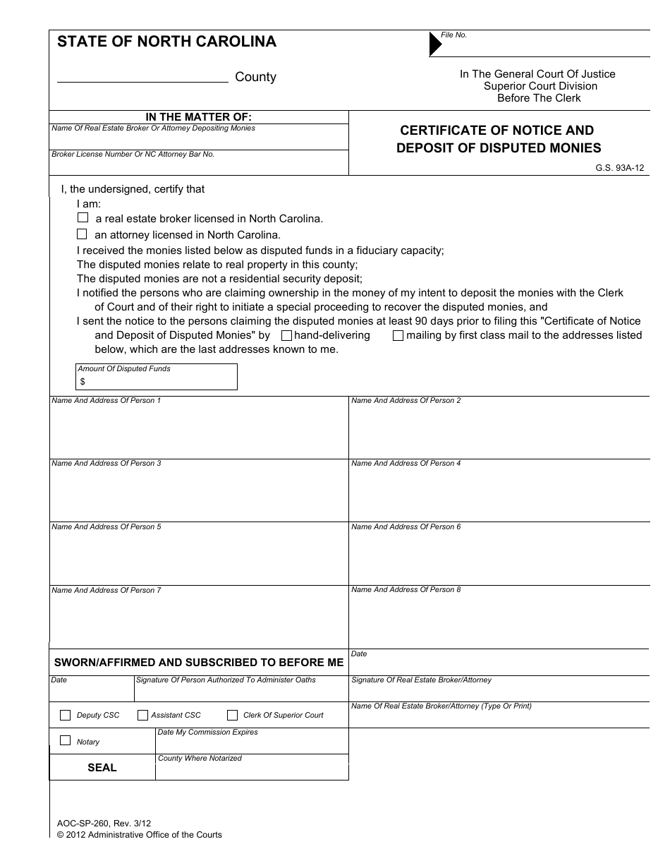 Form AOC-SP-260 Certificate of Notice and Deposit of Disputed Monies - North Carolina, Page 1