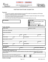 Document preview: Form MSC0944 Adult Foster Home Provider Complaint Form - Oregon
